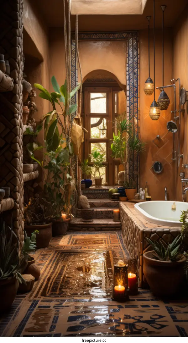 Bathroom with Moroccan tiles and natural elements