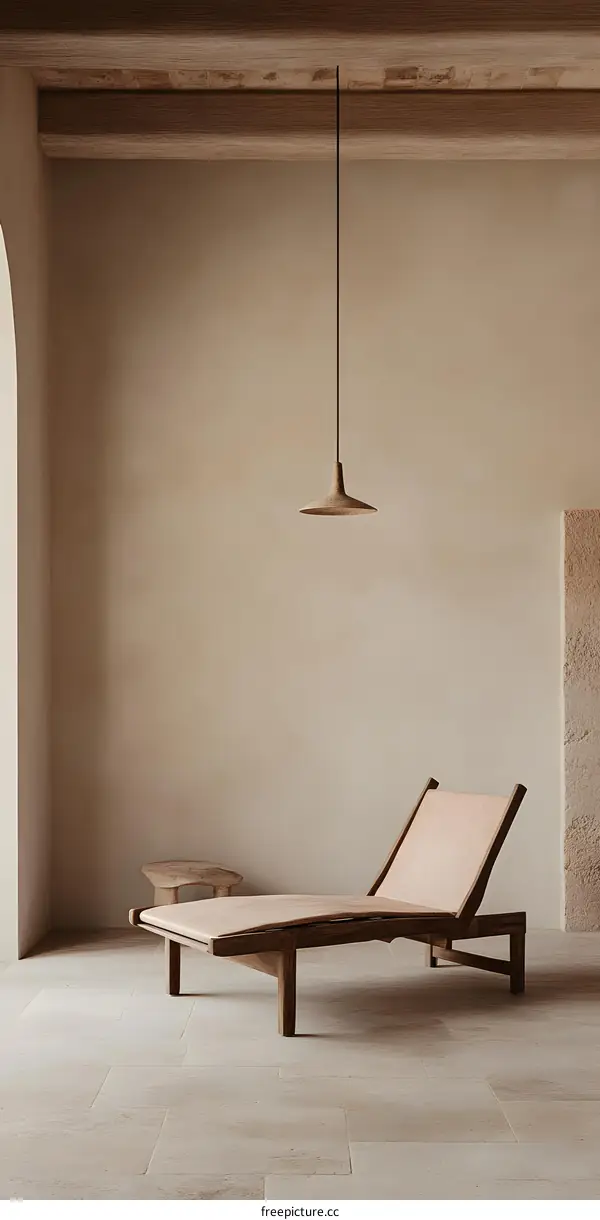 Minimalist Interior Design with Wooden Lounger and Pendant Light