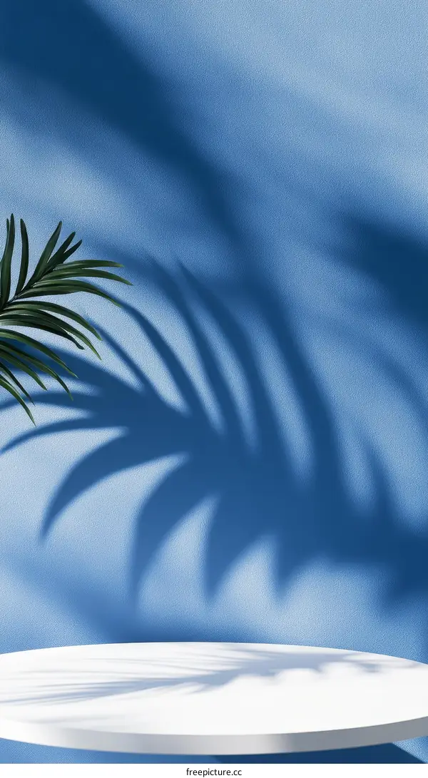 Abstract Minimalist Scene with Palm Leaf Shadow on Blue Background