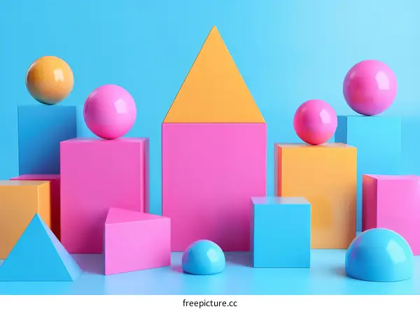 Colorful Geometric Shapes: Spheres, Cubes, and Triangular Prisms