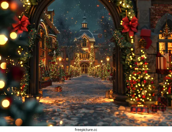 Snowy Christmas Street with Lights and Decorations