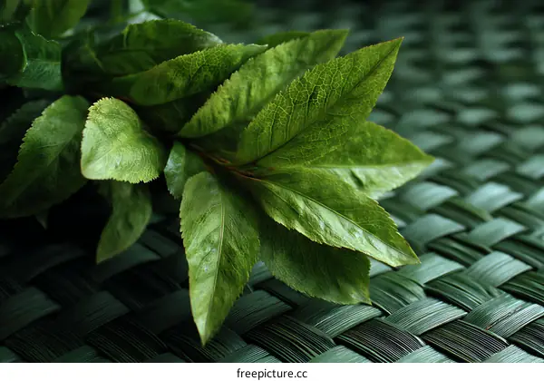 Close-up View of Lush Green Leaves on Woven Background