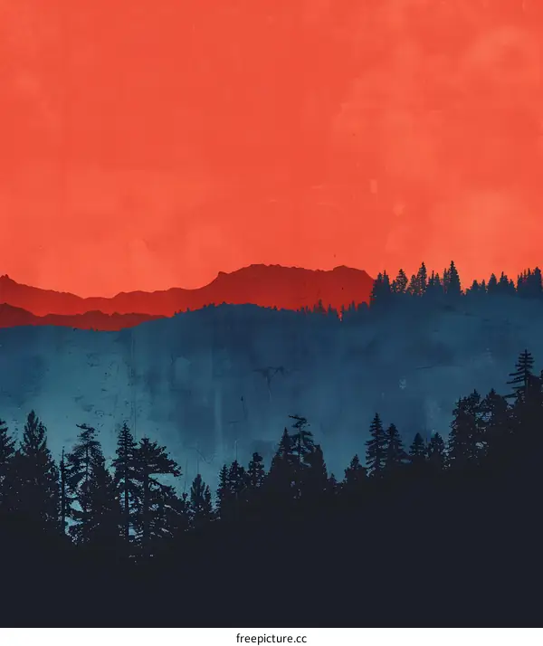 Silhouette of Mountains and Forest at Sunset