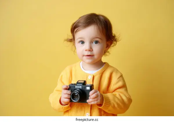Adorable Baby Girl Holding Camera Against Yellow Background