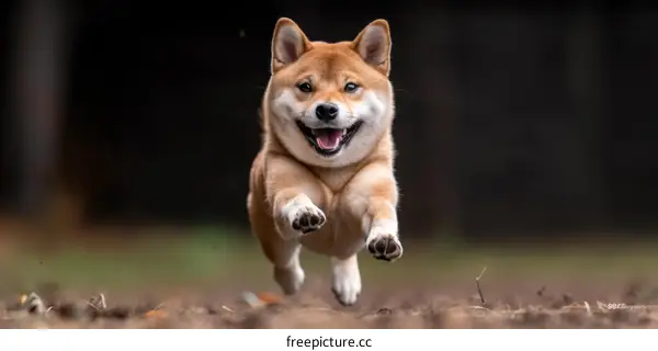 A happy Shiba Inu running in the forest