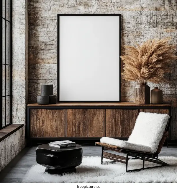 Modern Rustic Living Room Mockup with Empty Frame