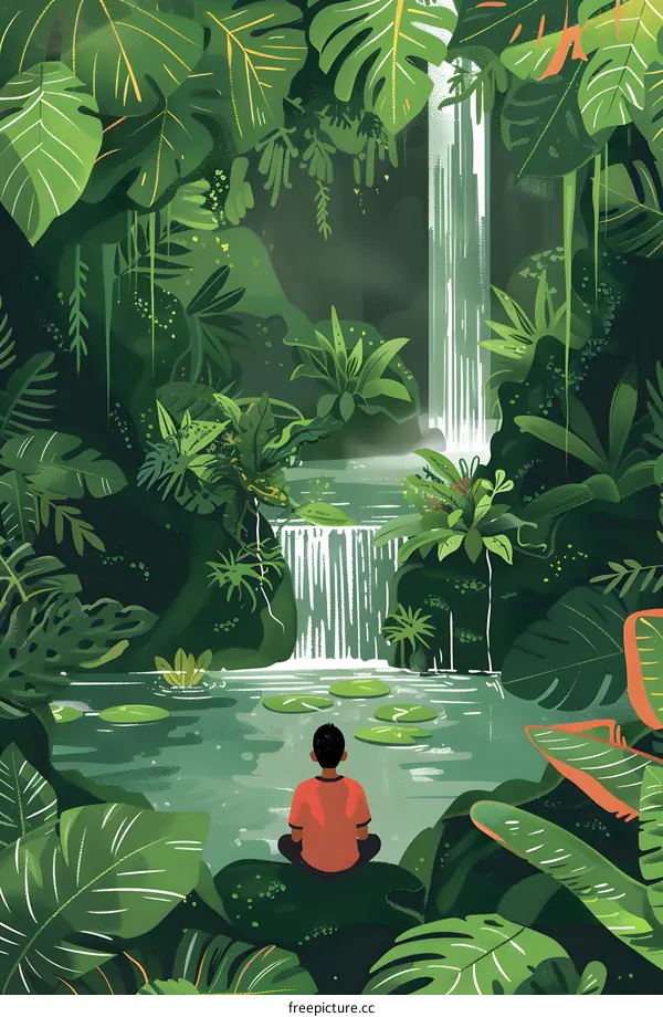 Peaceful Moment by Waterfall Illustration