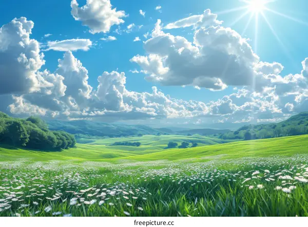Springtime Meadow with Sunny Sky
