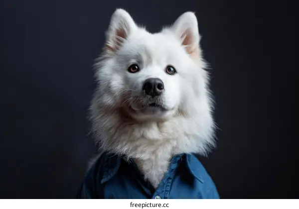 A white dog wearing a blue shirt is looking at the camera