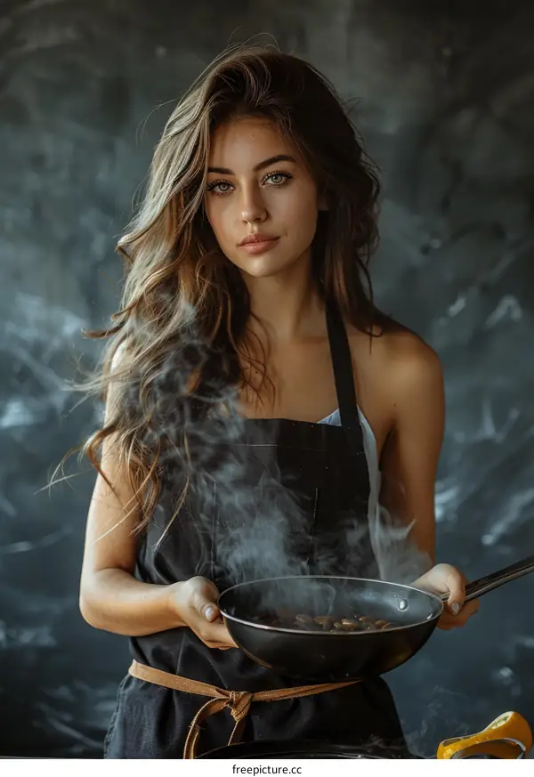 Young woman in an apron holding a frying pan