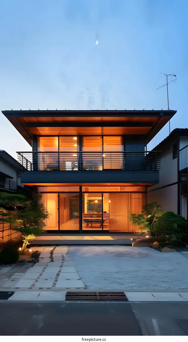 Modern Japanese Style House with Wooden Balconies and Gravel Garden
