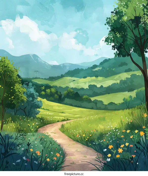 Tranquil Countryside Landscape with Verdant Hills and Footpath