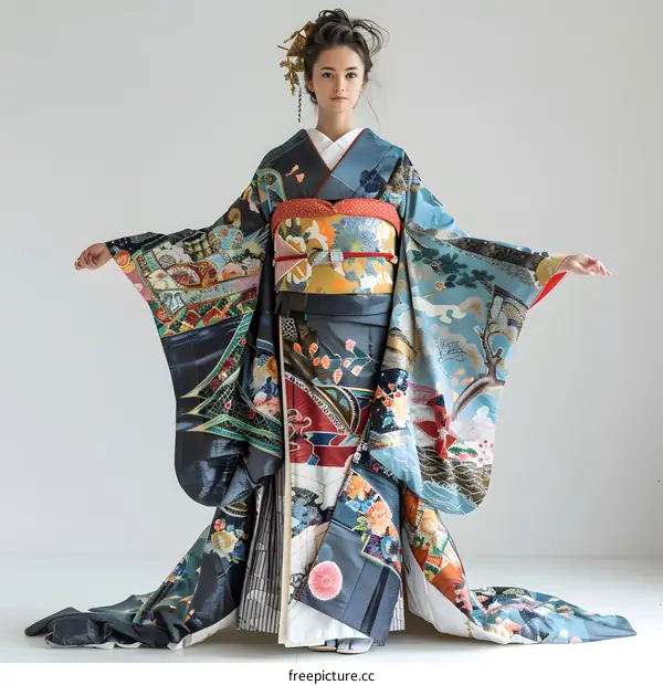 A woman wearing a kimono with a pattern of a pine tree and a crane.