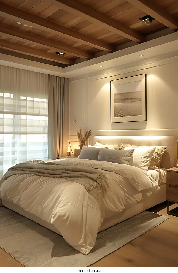 Modern bedroom with wood ceiling
