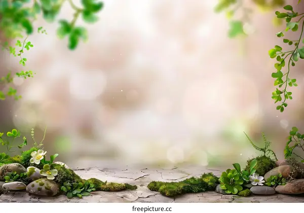 Green Spring Nature Background With Moss And Flowers