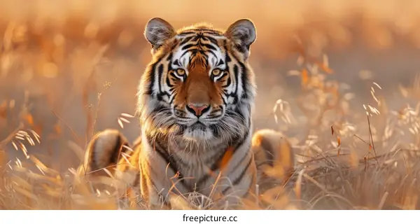 A Majestic Tiger Roaming in a Golden Field