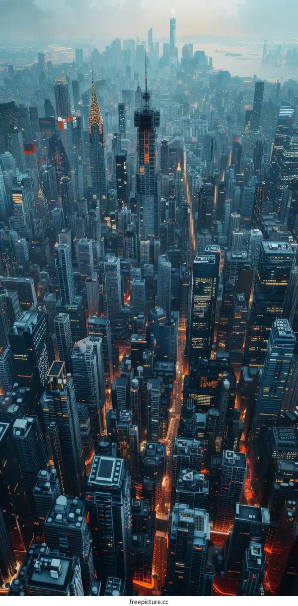 Aerial View of New York City Skyline at Dusk