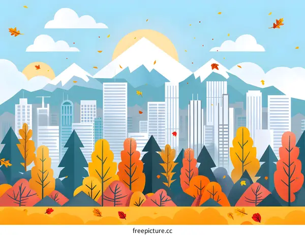 Cityscape with Fall Foliage and Mountains