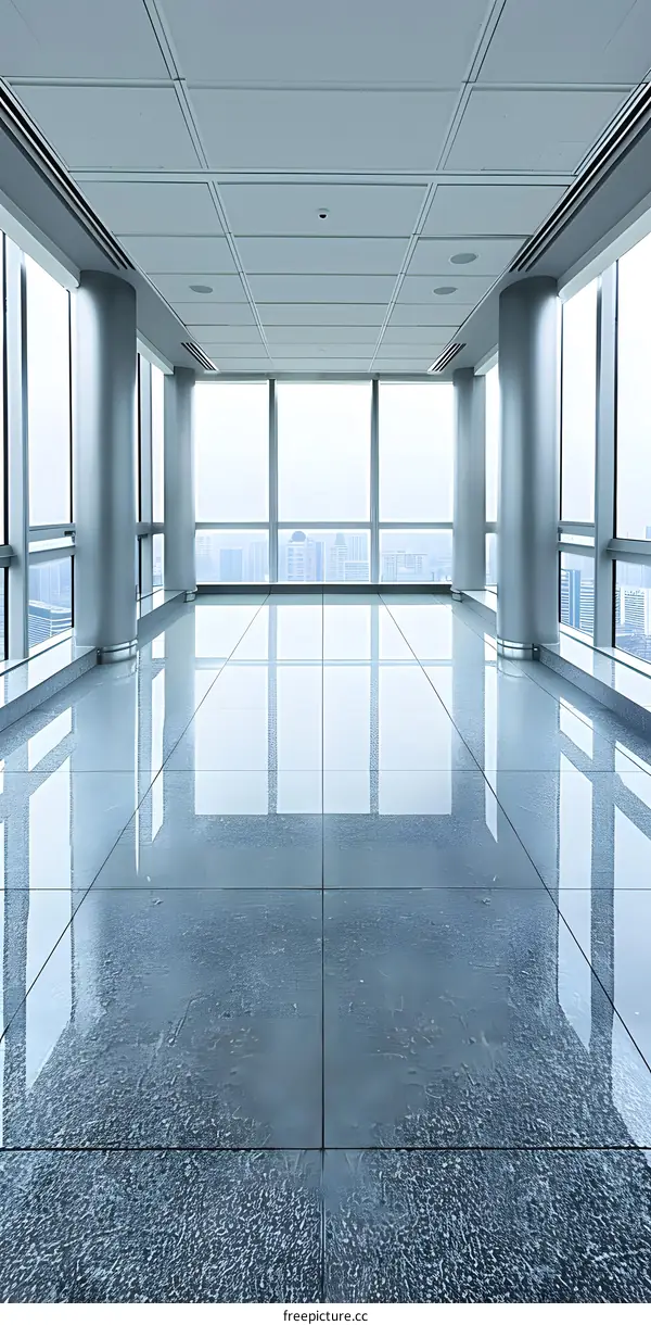 Modern Empty Office Space with Large Windows and City Skyline View