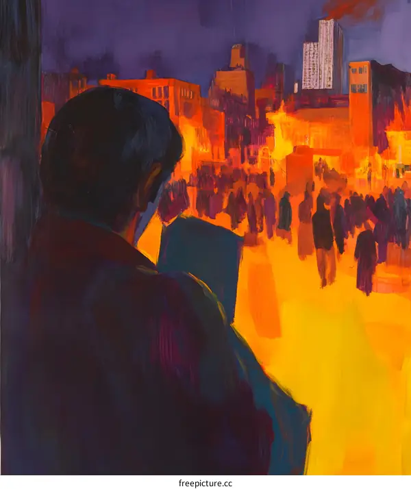 Man Looking at Cityscape with Crowd of People at Night
