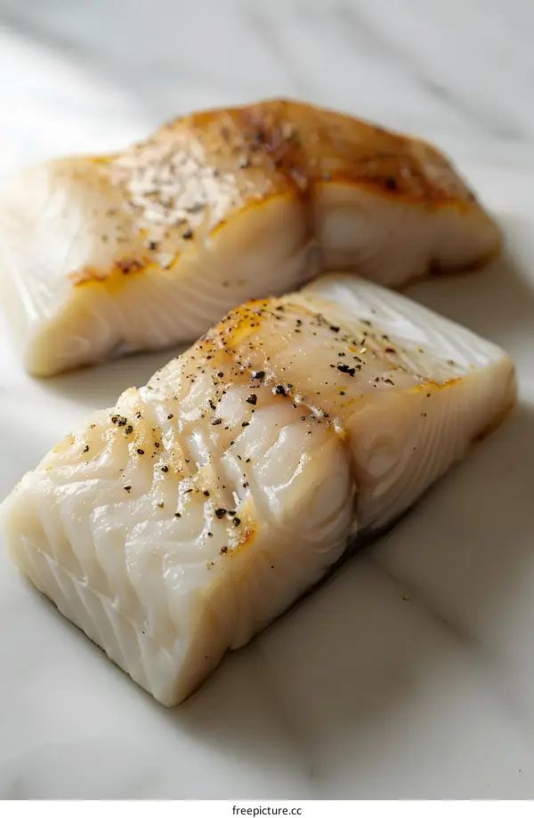 Two pieces of fish fillet on a marble slab