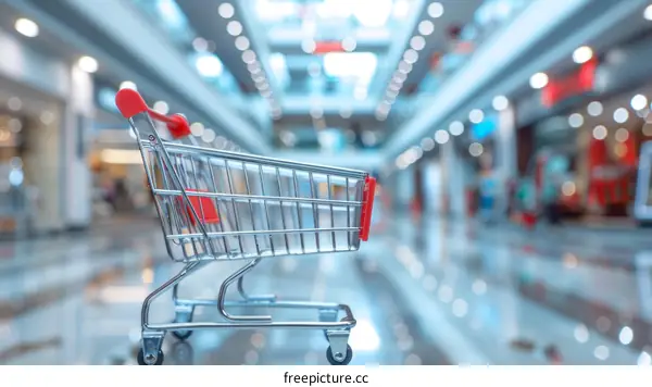 A shopping cart sits in an empty shopping mall