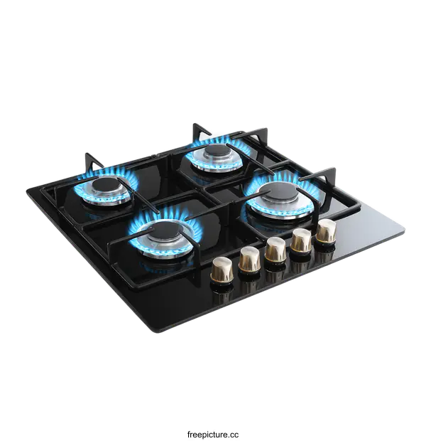 [Transparent Background PNG]Modern Black Glass Top Gas Cooker with Blue Flames