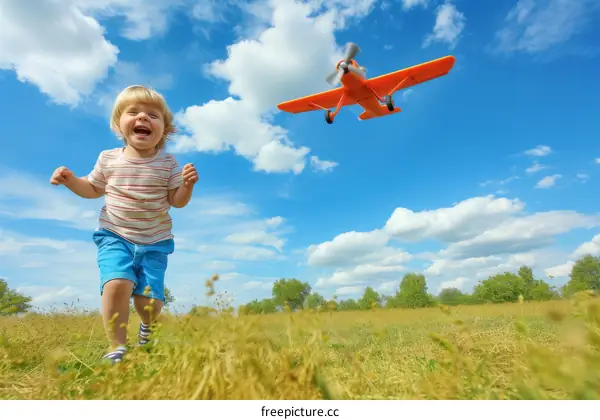 Little boy playing with toy airplane in field