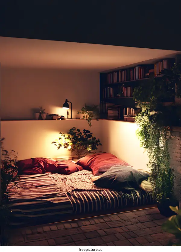 Cozy Bedroom With Bookshelf and Plants