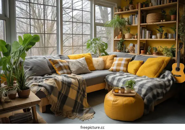 A cozy living room with a large sectional sofa,がたくさん of plants, and a guitar in the corner