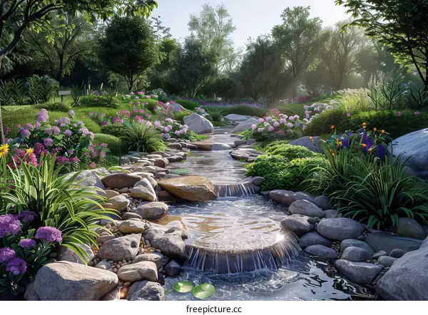 Peaceful Garden Landscape with Waterfall Feature