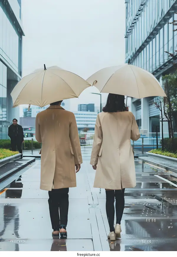 Two People Walking in Rain with Umbrellas in Urban Setting