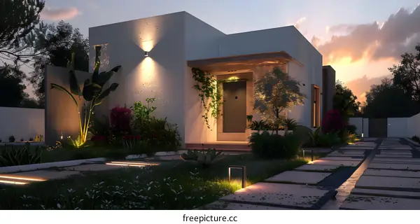 Modern House Design With A Lush Garden And Pathway