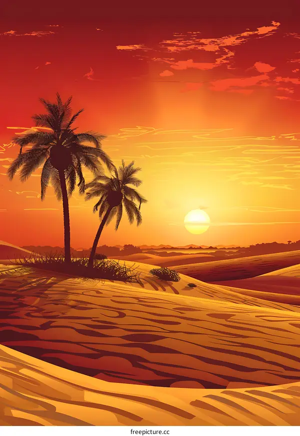 Desert Sunset with Palm Trees Landscape Illustration