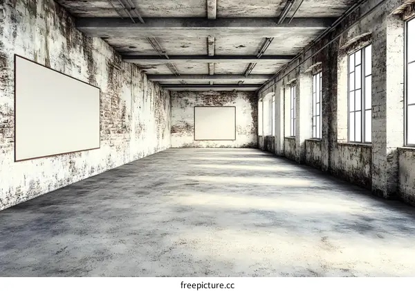 Empty Loft Space Interior Design With Brick Walls and Large Windows