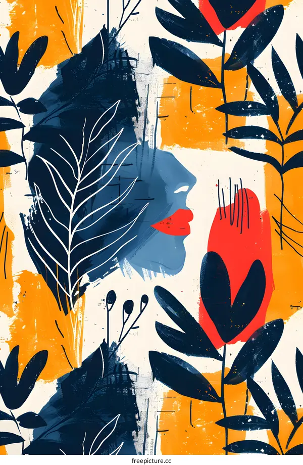 Abstract Floral Pattern in Blue, Red, and Yellow