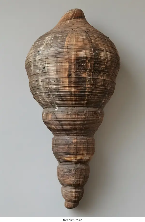 A wooden sculpture in the shape of a conch shell.