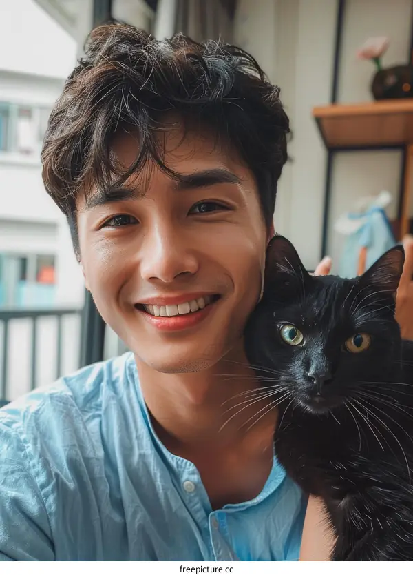 A young man with a black cat on his shoulder