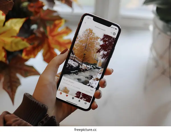 Hand Holding a Smartphone with a Photo of a Stream with Fall Foliage