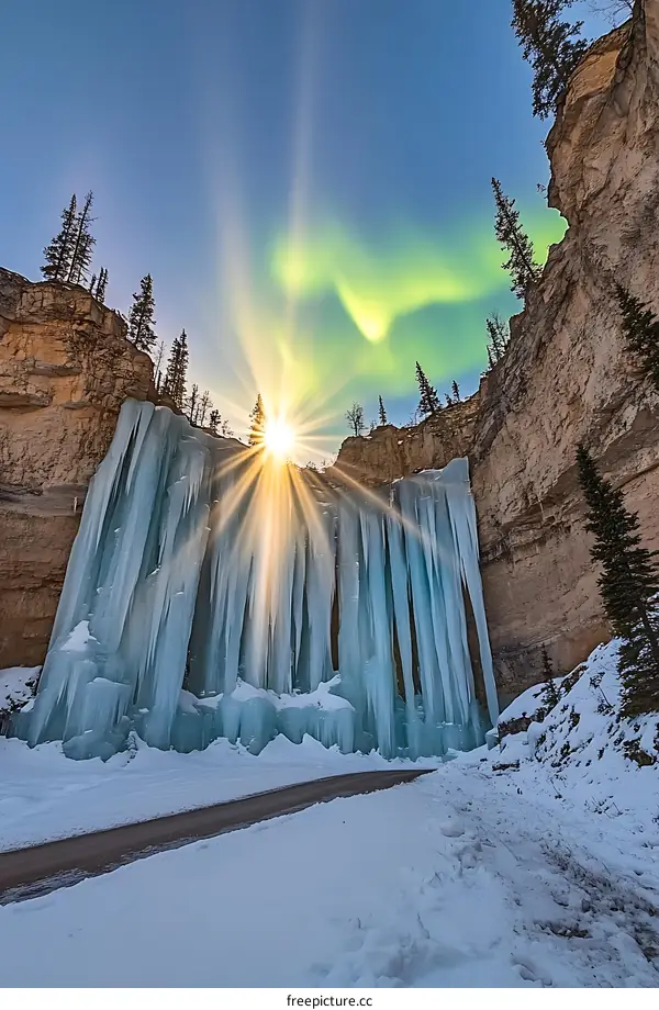 Frozen Waterfall and Aurora Borealis in a Canyon