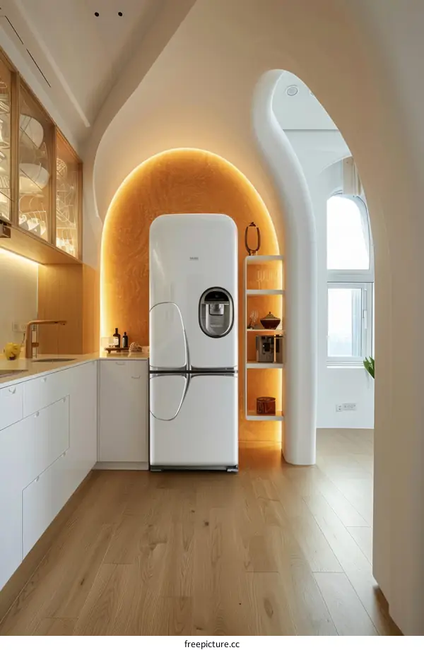 Modern Kitchen with Curved Walls and a White Retro Fridge
