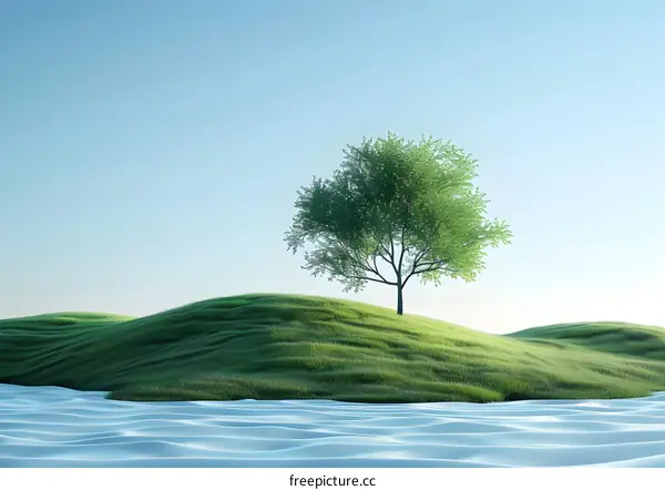 Single Tree on Green Grass Hill with Blue Sky