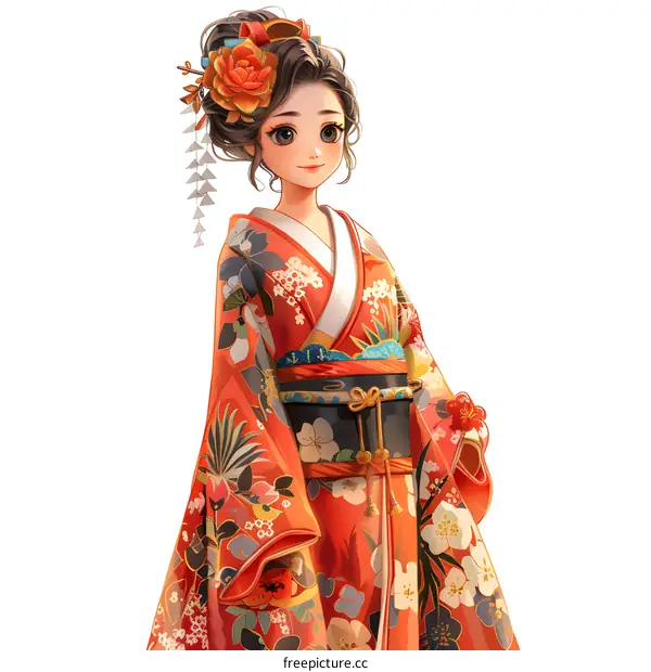Beautiful Anime Girl in Traditional Japanese Kimono