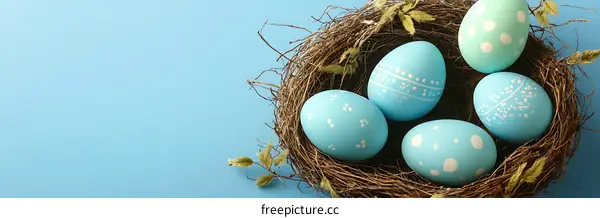 Easter Eggs in a Nest on a Light Blue Background