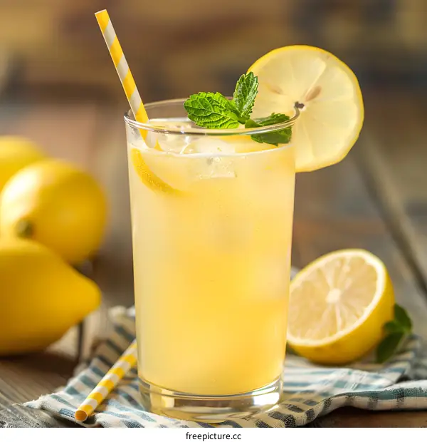 Glass of Refreshing Lemonade with Lemon Slices and Mint Leaves