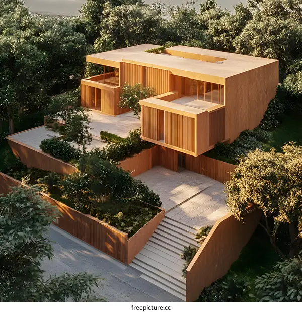 Modern Wooden House Design With Green Trees