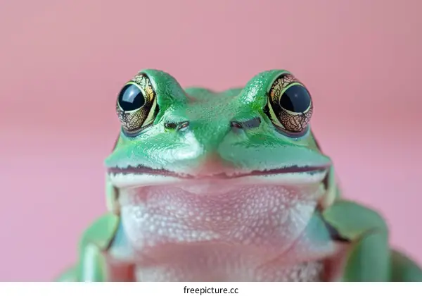 A Green Tree Frog with Pink Background