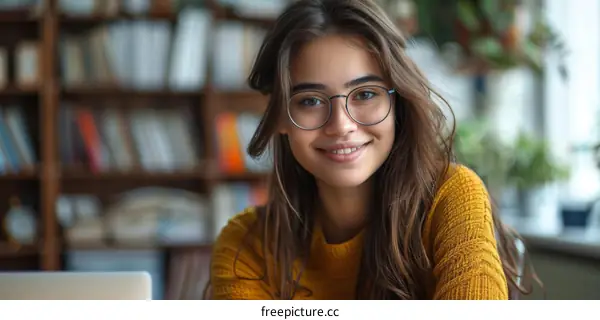 Portrait of a young woman smiling wearing glasses and a yellow sweater
