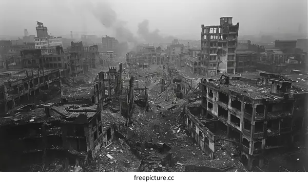 Post-apocalyptic city in ruins after a nuclear war