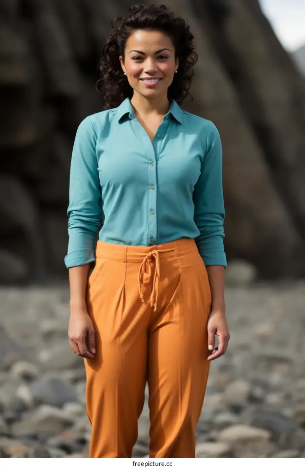 Smiling woman in blue blouse and orange pants standing on rocky beach
